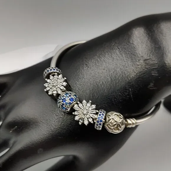 Pandora Sterling 925 Pattern Of Love Bangel Bracelet 5 Charms Clear & Blue CZ